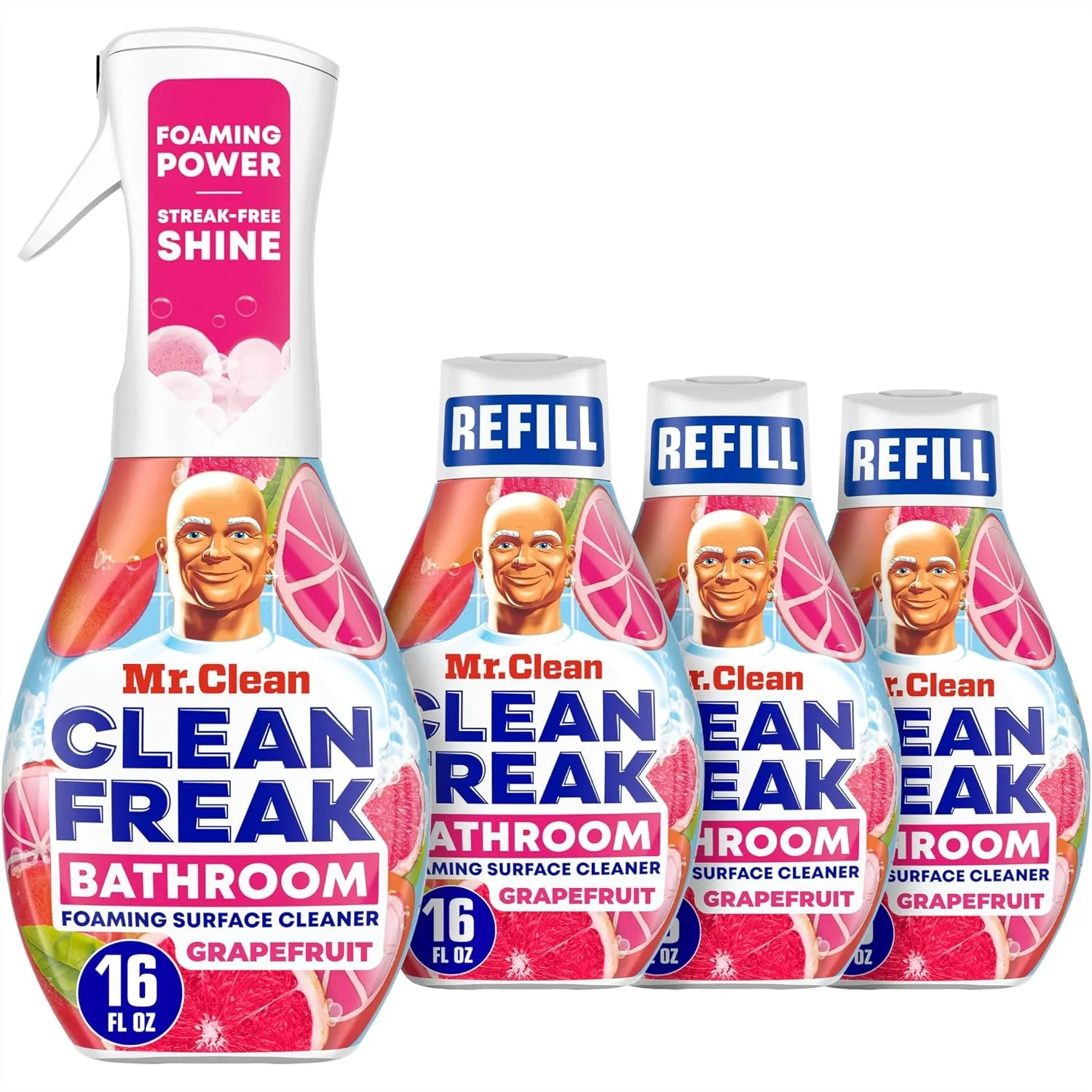 Foaming Bathroom Cleaner Multi-Surface Spray with Power Nozzle and Refill Bundle, Grapefruit Scent, 64 fl oz