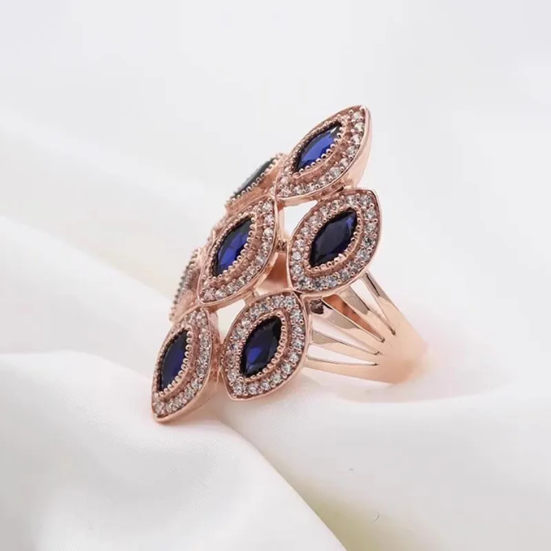 585 Purple Gold Classic Sapphire Rings for Women Plated 14K Rose Gold Blue Gem Horse-eye Pointed Engagement Ring Fine Jewelry