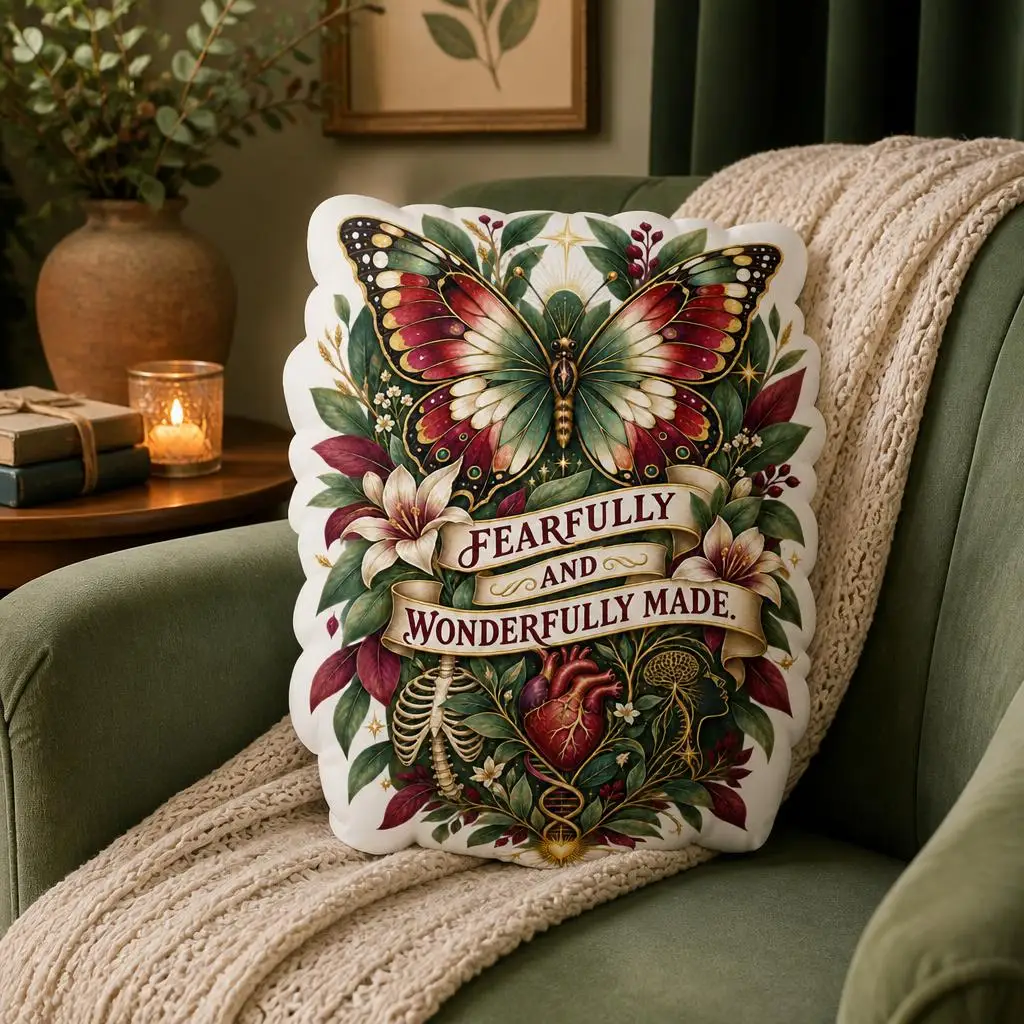 Fearfully and Wonderfully Made Christian Shaped Pillow Psalm 139 14 Butterfly Floral Throw Cushion Faith Gift Home Decor