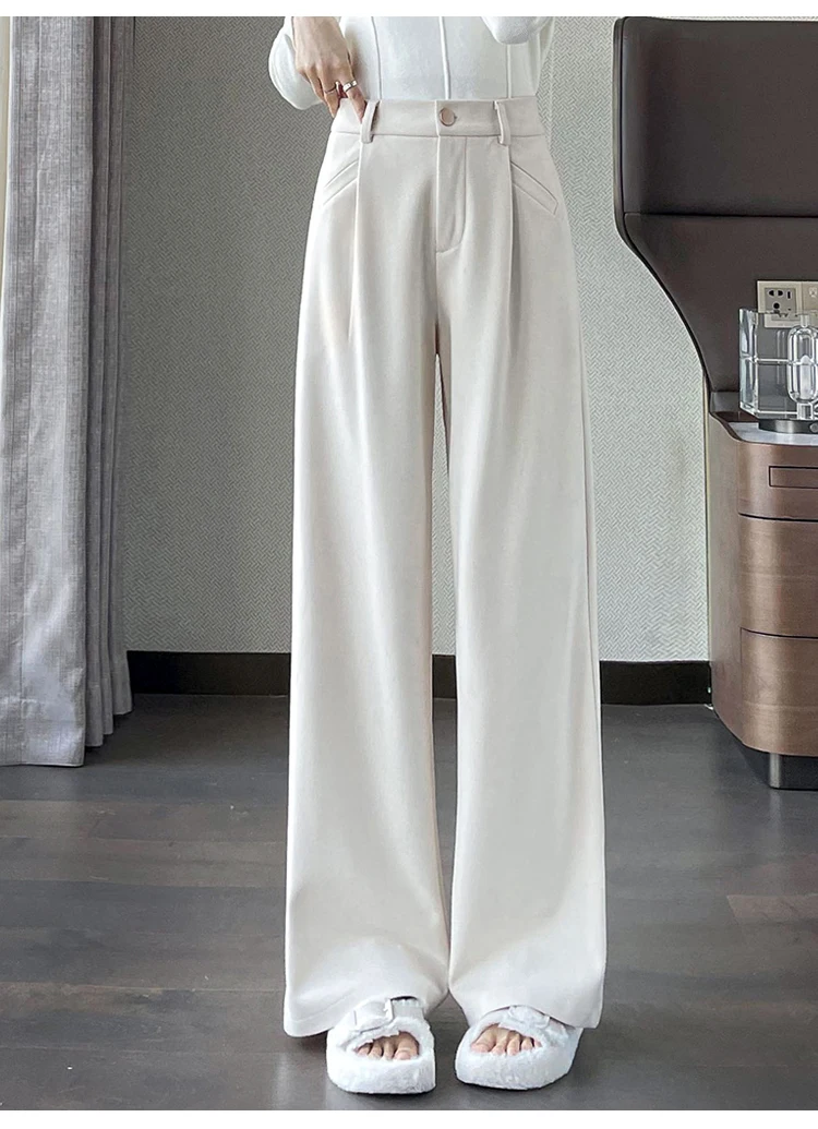 Pantaloni a gamba larga da donna in lana spessa vintage autunno inverno a vita alta con bottone singolo pantaloni larghi casual a figura intera femminile 2025