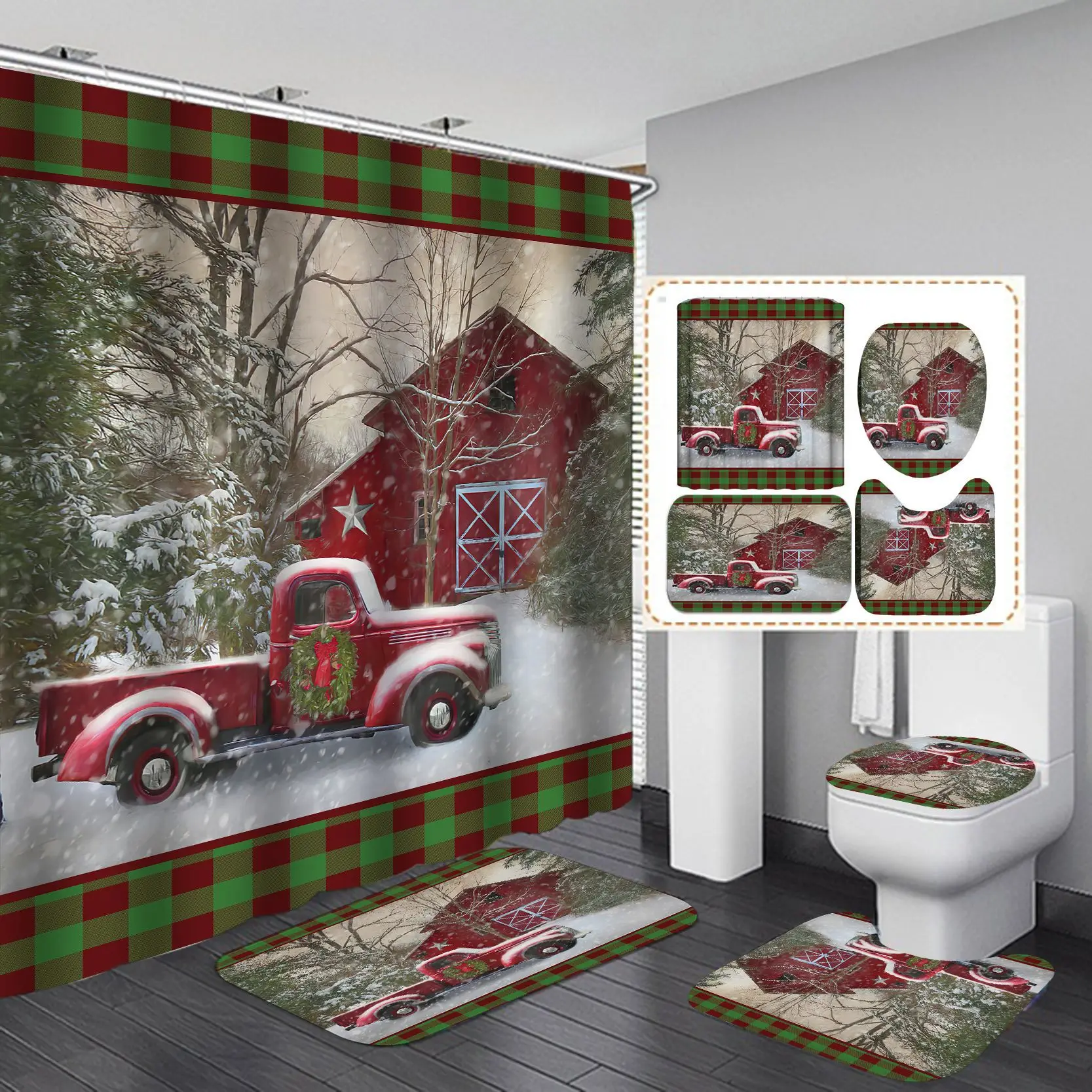 Merry Christmas Bathroom 4Pcs Set Snowman Santa Claus Pattern Waterproof Shower Curtain Toilet Cover Mat Non Slip Rug Home Decor