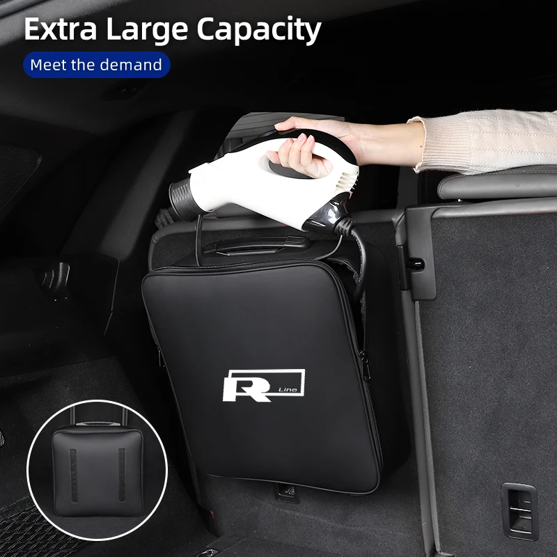 

New Energy Vehicle Charging Gun Storage Pouch Waterproof Leather Car Organizer Bag For Volkswagen R Golf Passat Polo Tiguan