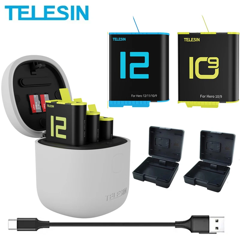 TELESIN 3Pack Battery 1750mAh GoPro 12 11 Slots Charger TF Card Reader Storage Charging Box for Go Pro Hero 12 11 10 9 Black