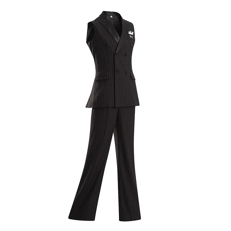 2026 Herren Ballsaal-Tanzkleidung Gestreifter Anzug Weste Jacke Hose Standard-Tanzkostüm Walzer-Tanzwettbewerbsanzug DNV26521
