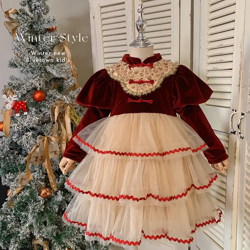 2024Girls New Year Christmas Red Puffy Lolita Princess Dress Dress