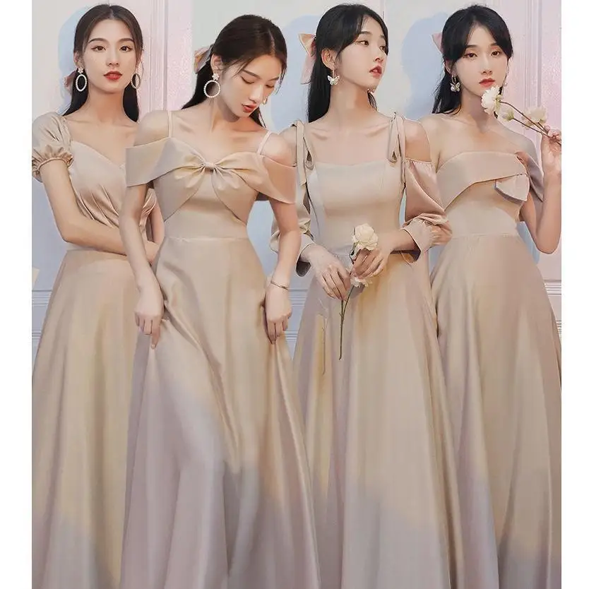 Khaki Satin Bridesmaid Dress 2023 New Women's Elegant Lace Up Boat Neck Backless Gown Solid Floor Length A-Line Prom Vestido