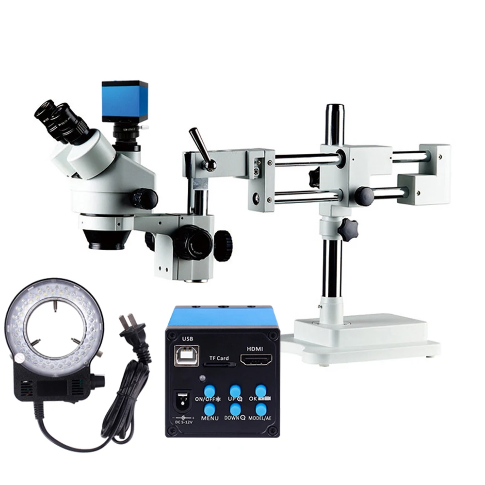 Microscopio estéreo Trinocular con soporte de doble brazo, lente de cámara de teléfono, microscopio Leican, microscopio Digital Usb, microscopio Trinocular