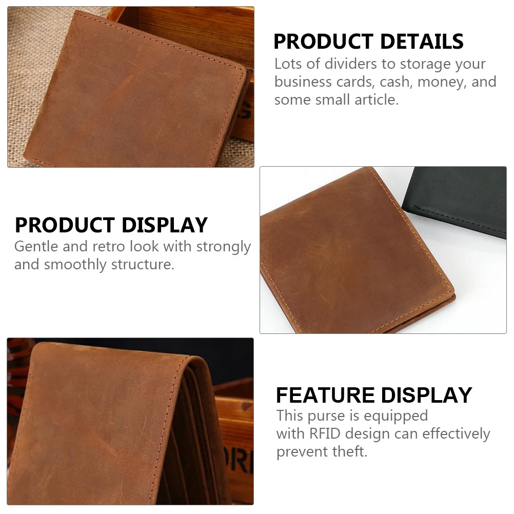 1Pcs Rfid Bifold Cowhide Men Wallet Vintage Style PU Purse Card Holder Cash Storage Male Wallet Man Bifold Purse