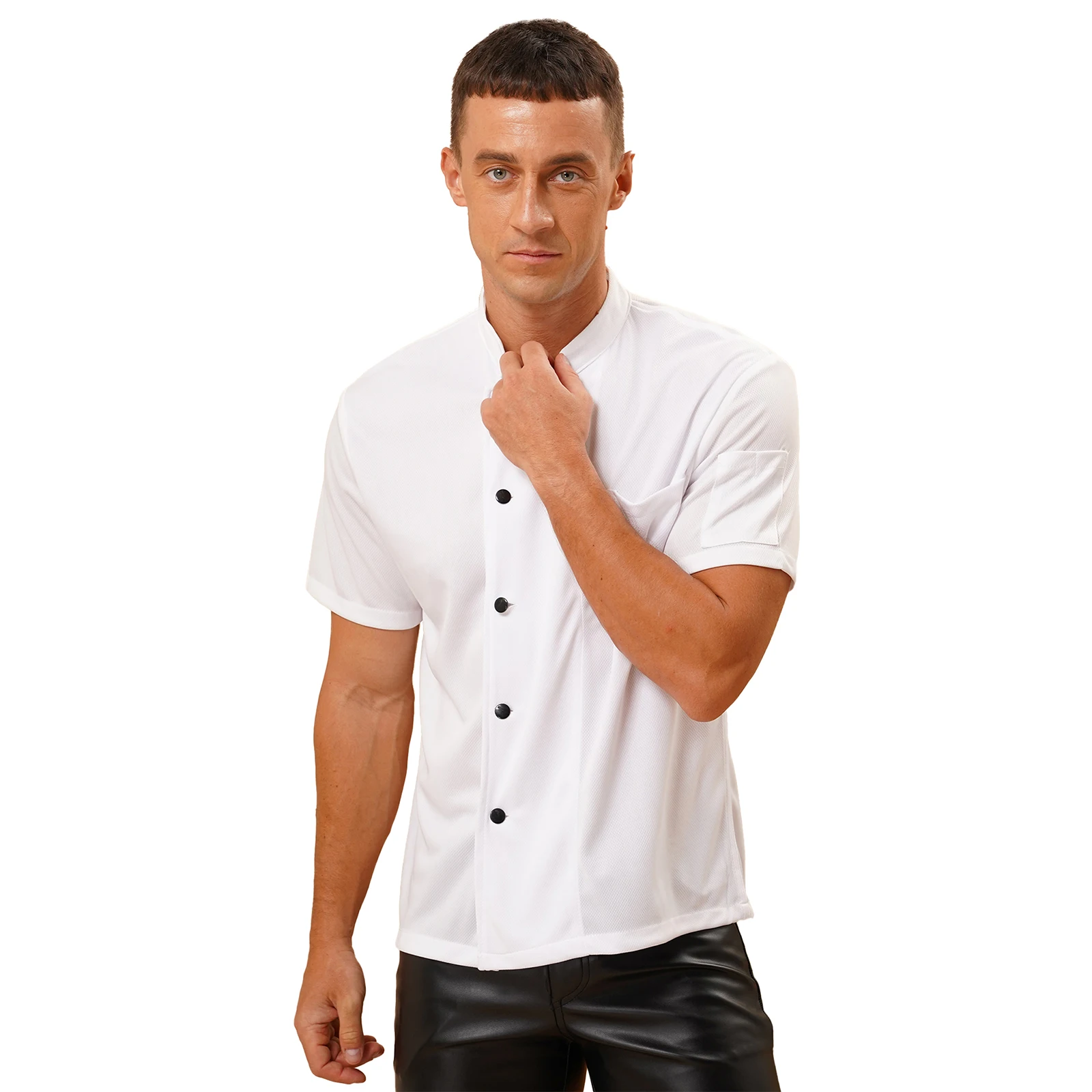 

Mens Breathable Mesh Chef Tops Food Service Work Wear UniformStand Collar Short Sleeve Button T-shirt Kitchen Cooks Costume