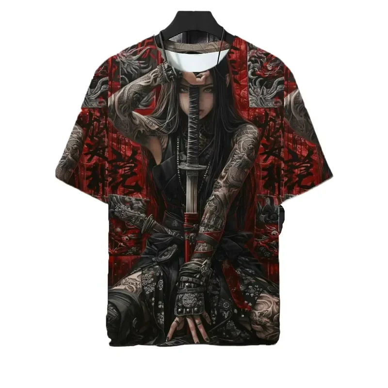 3D Digital Print Japanese Samurai Katana Girl Tattoo T Shirt 2026 Harajuku Streetwear Oversized Short Sleeve Tee Unisex Top