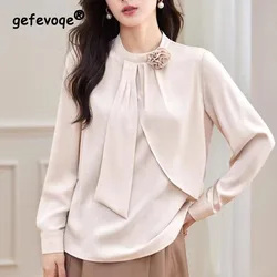 2023 Autumn Women's New Ribbon Satin Loose Chiffon Shirt Solid Elegant Long Sleeve Comfortable Versatile Temperament Top