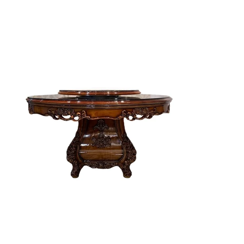 Full solid wood circular dining table and chair turntable luxury villa restaurant luxury retro glass dining table furniture