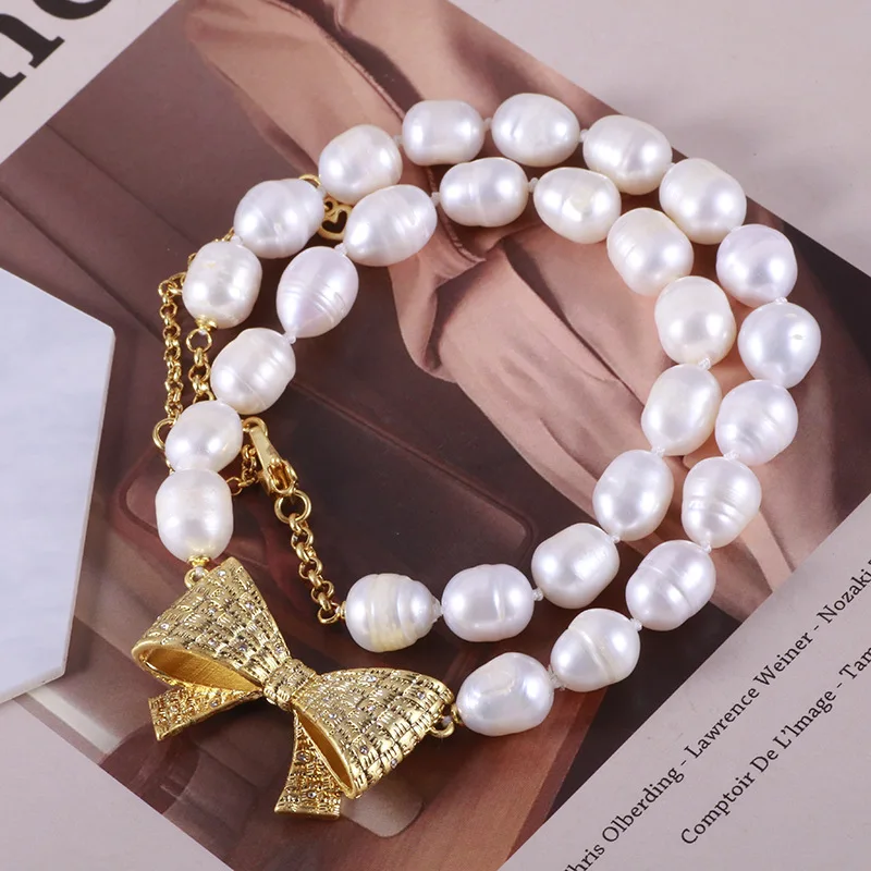

Classic Design Elegant Temperament Freshwater Baroque Pearl Clear Cubic Zircon Gold Plated Sweet Bow Shape Fashionable Necklace