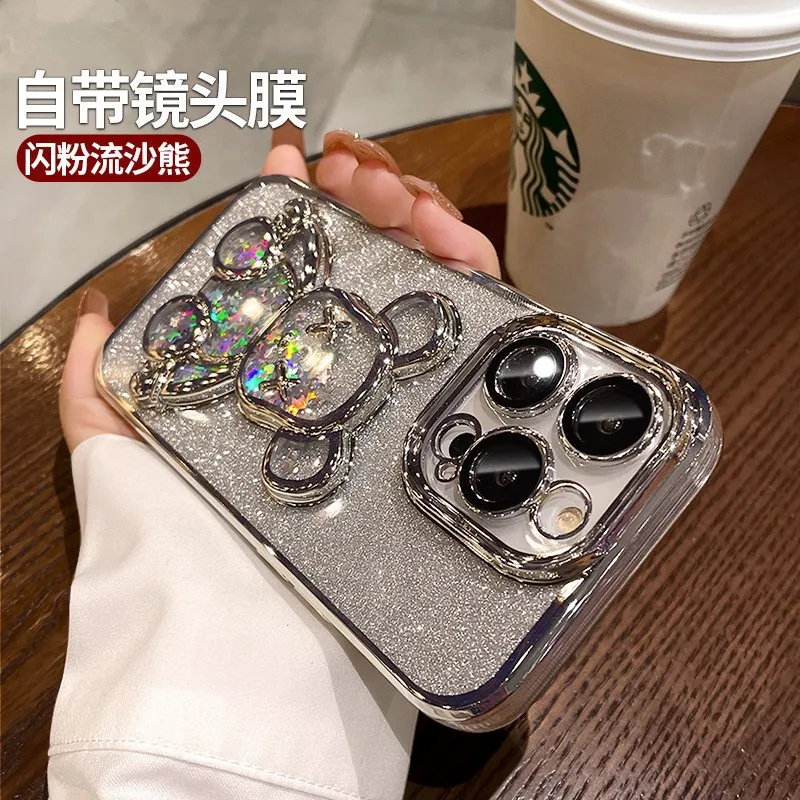 For iPhone15pro phone case iPhone11 Quicksand iPhone12 Glitter Violent Bear iPhone16 plated iPhone13 silicone lens film iPhone14