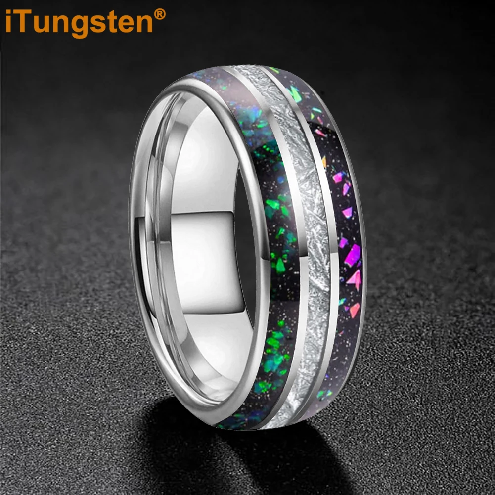 

iTungsten 8 мм — кольцо унисекс из карбида вольфрама, мужские и женские обручальные кольца с радужным опалом и яркой инкрустацией из метеорита