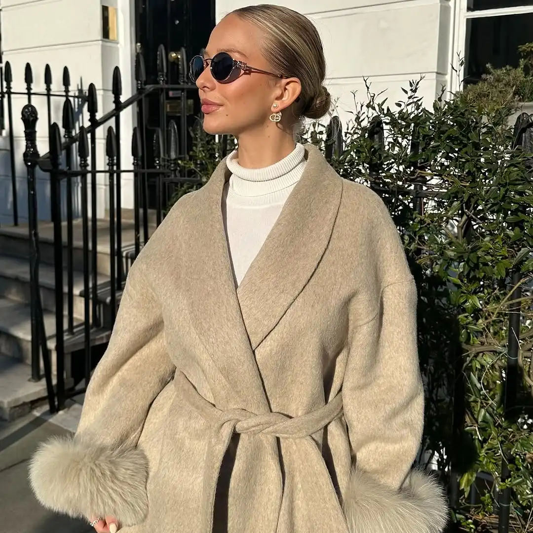 

Lace Up Woolen Short Coats Elegant Solid Loose Lapel Furry Belt Long Sleeve Jacket Female 2025 Autumn Winter Lady Chic Cardigans