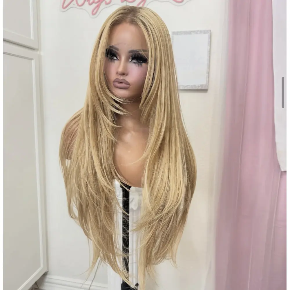 Ombre Blonde Full Lace Perücke aus Echthaar, transparente Spitze, natürlicher Haaransatz, lange, glatte, glatte, klebefreie, vorgezupfte 5*5 HD Lace Perücke – Detail 1