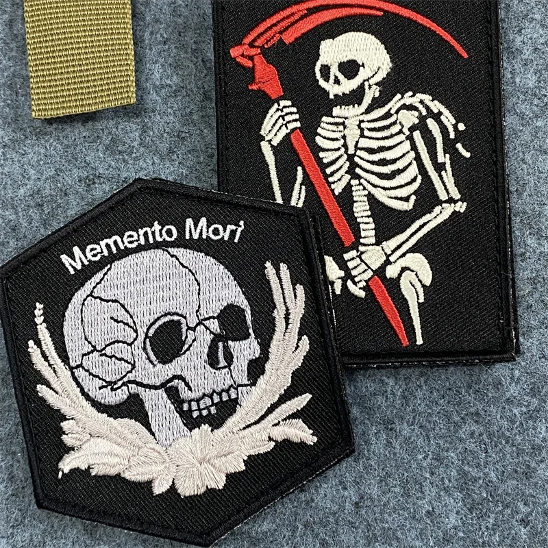 Memento Mori Embroidered Patch Skull Military Tactical Morale Badge Hook and Loop Armband Clothing Appliques Backpack Patches