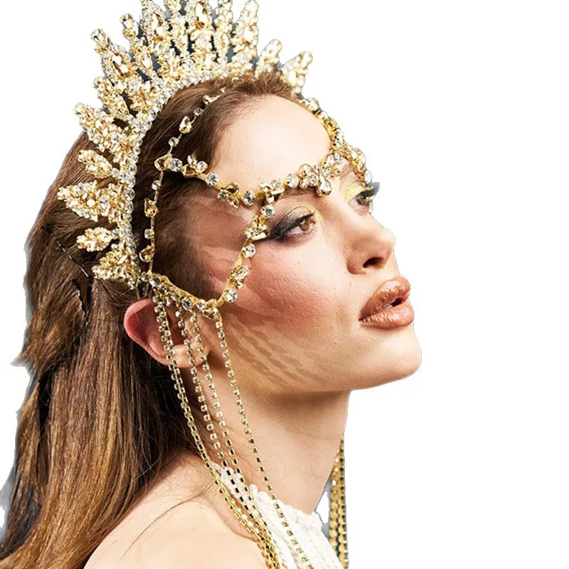 Exaggerated Tassels Rhinestone Crown Headband Princess Hair Accessories Sunflower Glass Hair Crow Headpiece Chain Prom for Women