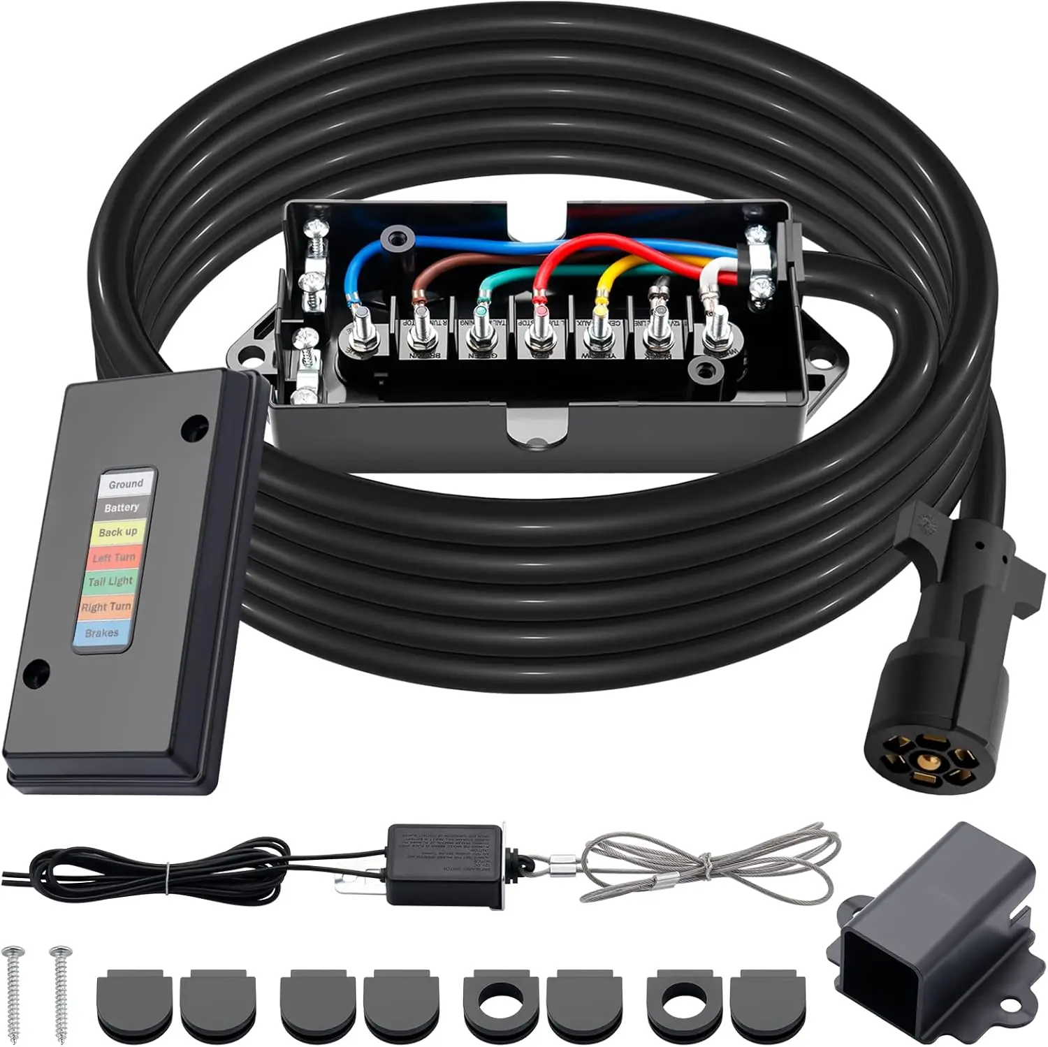 

15 FT 7-Way Trailer Wiring Kit with Junction Box, Breakaway Switch, and Plug Holder for RVs and Campers