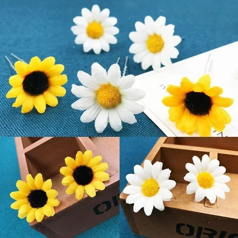 5PC Fashion Yellow Flower Hair Pin Clips U-shaped Hair Clips Sunflower Bridal Wedding Hair Jewelry Accessories Holiday Party
