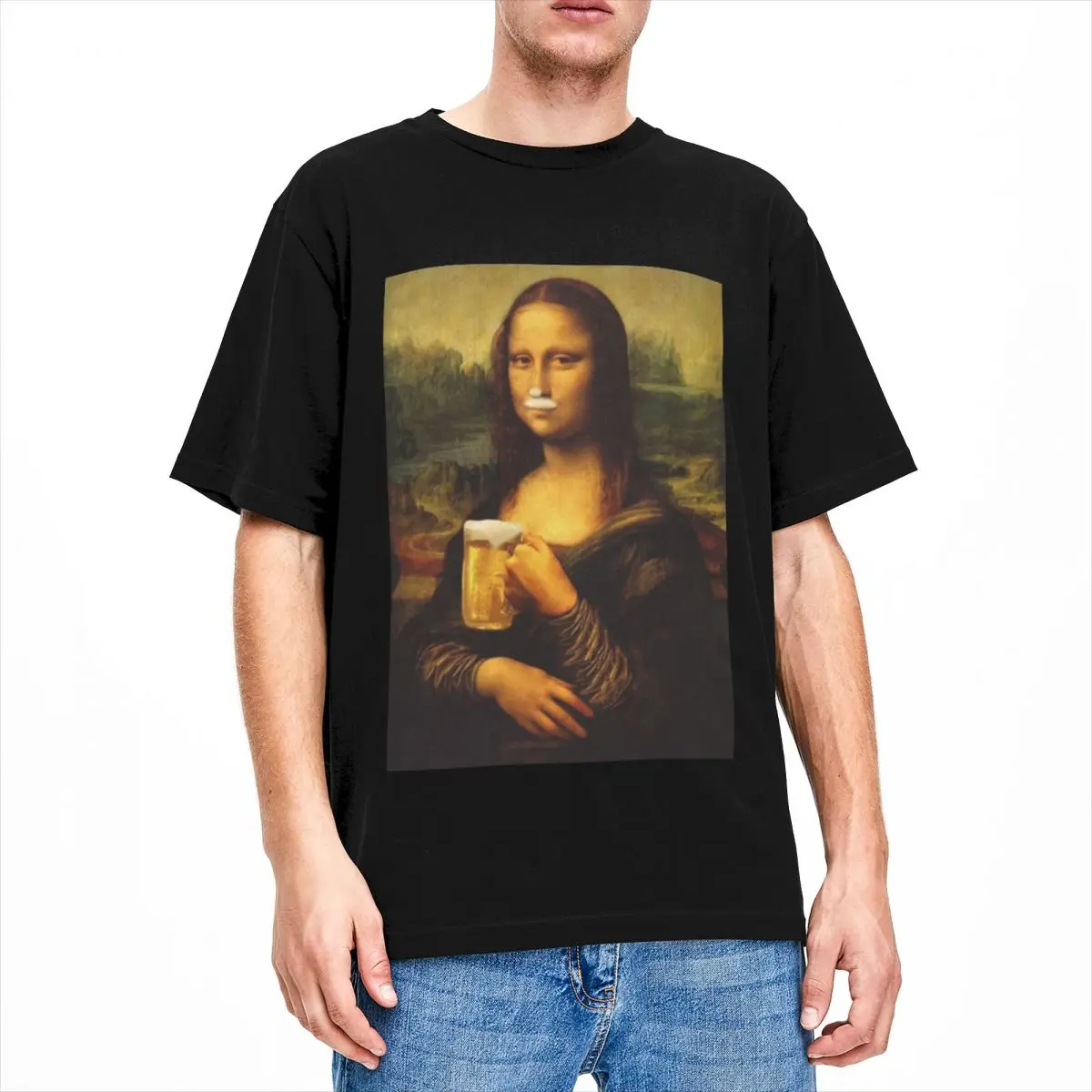 Men Women's Mona Lisa Drinking Beer Shirt Merch Fanny beer lovers 100% Cotton Tops Short Sleeve O Neck Tees Summer