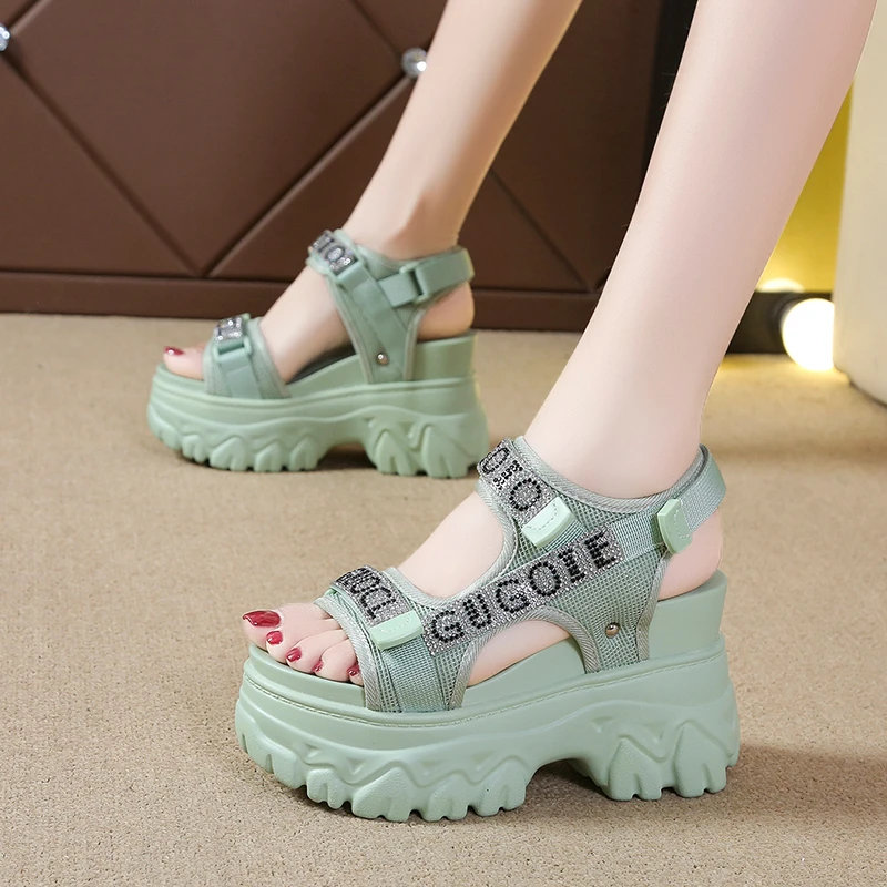 High Platform Sandals Women Bling Wedges High Heels 2022 Summer Buckle Crystal Chunky Sandalias Beach Slippers Zapatos Mujer 9CM