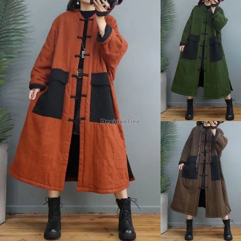 2023 chinese style pan cotton linen long cotton-padded coat women winter new loose thick coat cotton-padded loose jacket s923