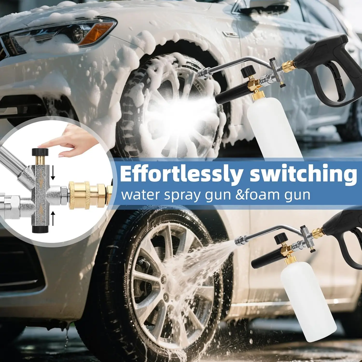 Pistola de lavadora de pressão curta com canhão de espuma e 5 bicos, 1L, 4000 PSI, compatível com M22-14mm