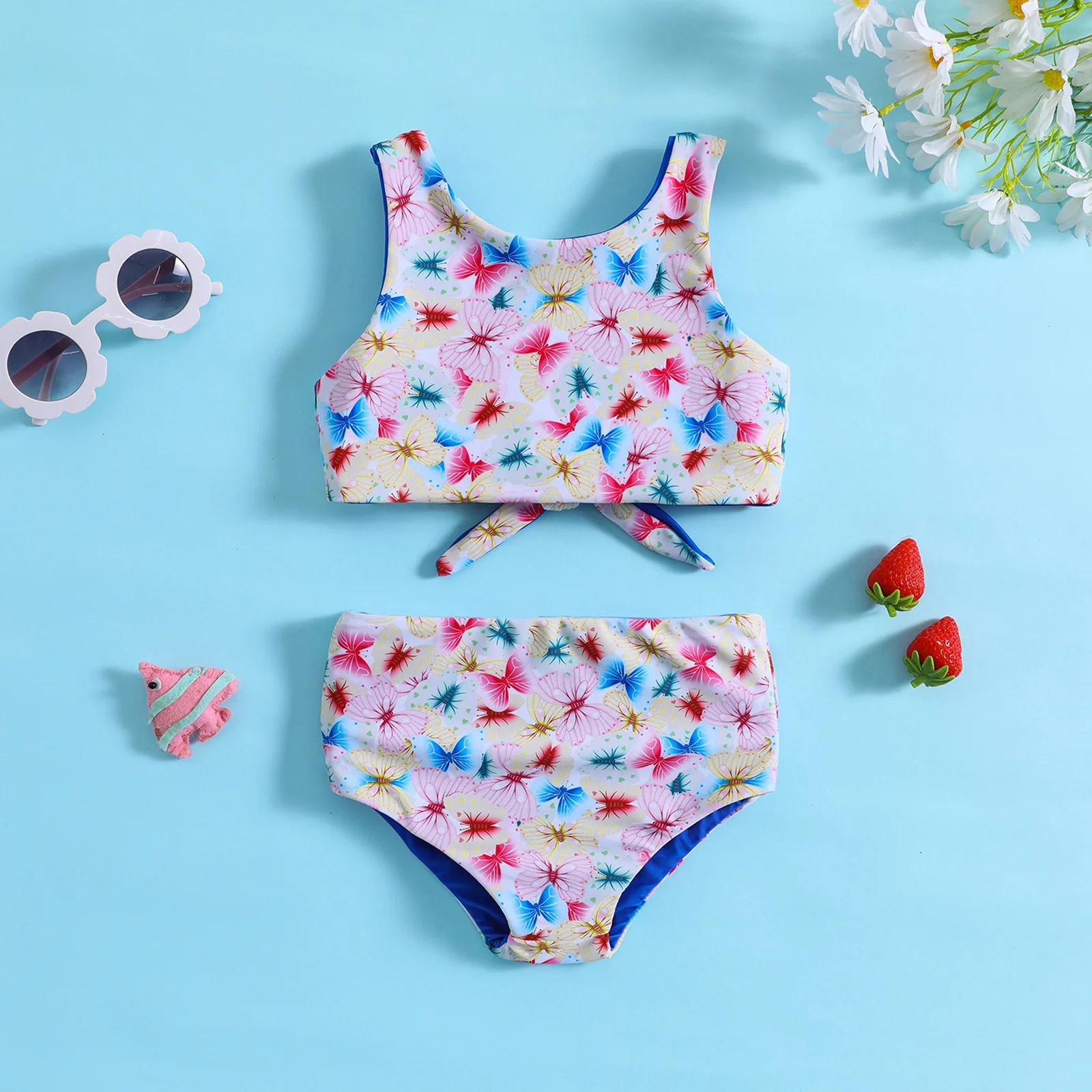 Toddler two piece swimsuit with colorful butterfly pattern for beach swimming and water play