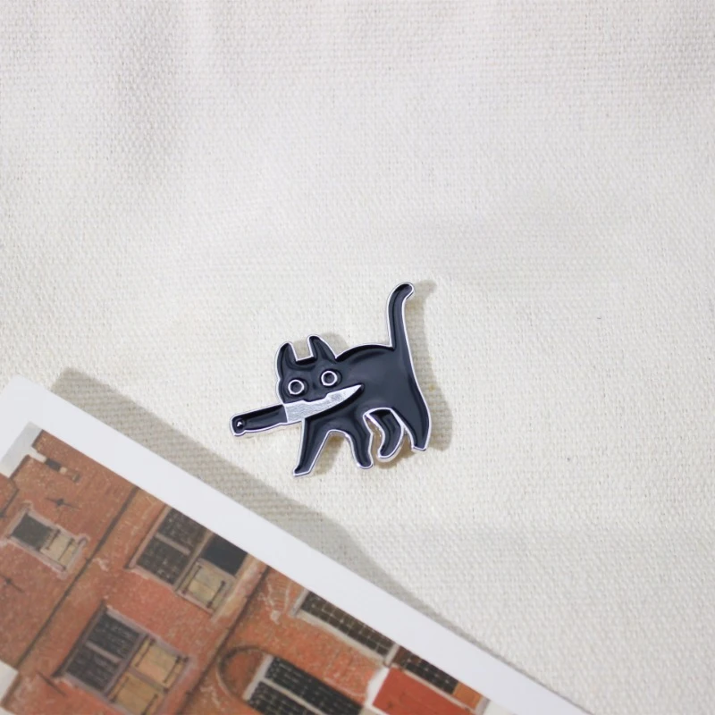 Cartoon Creative Black Cat Holding A Knife Style Brooch Versatile Dripping Oil Metal Badge Clothing Bag Accessories Brooch image 5