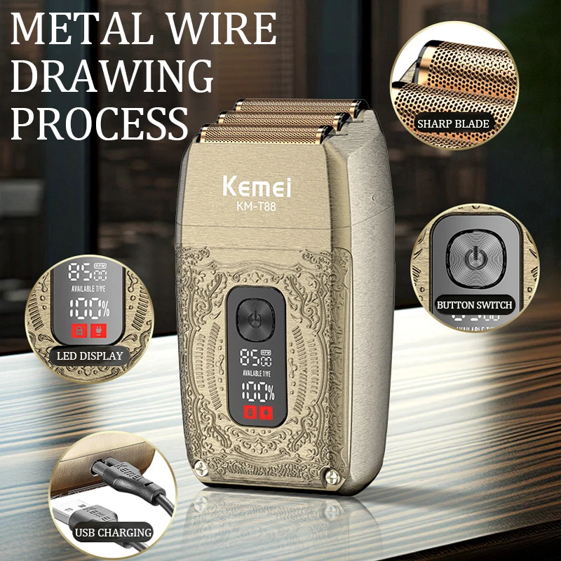 Kemei Compound Three Knife Net Shaver Digital Display Electric Shaver Head Oil Head Gradient Shaver USB Charging Model KM-T88