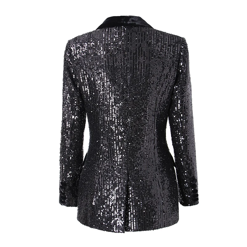 Fine Workmanship All Covered Sequins Long Sleeve Double-breasted Women Fashion Streetwear Black Blazer