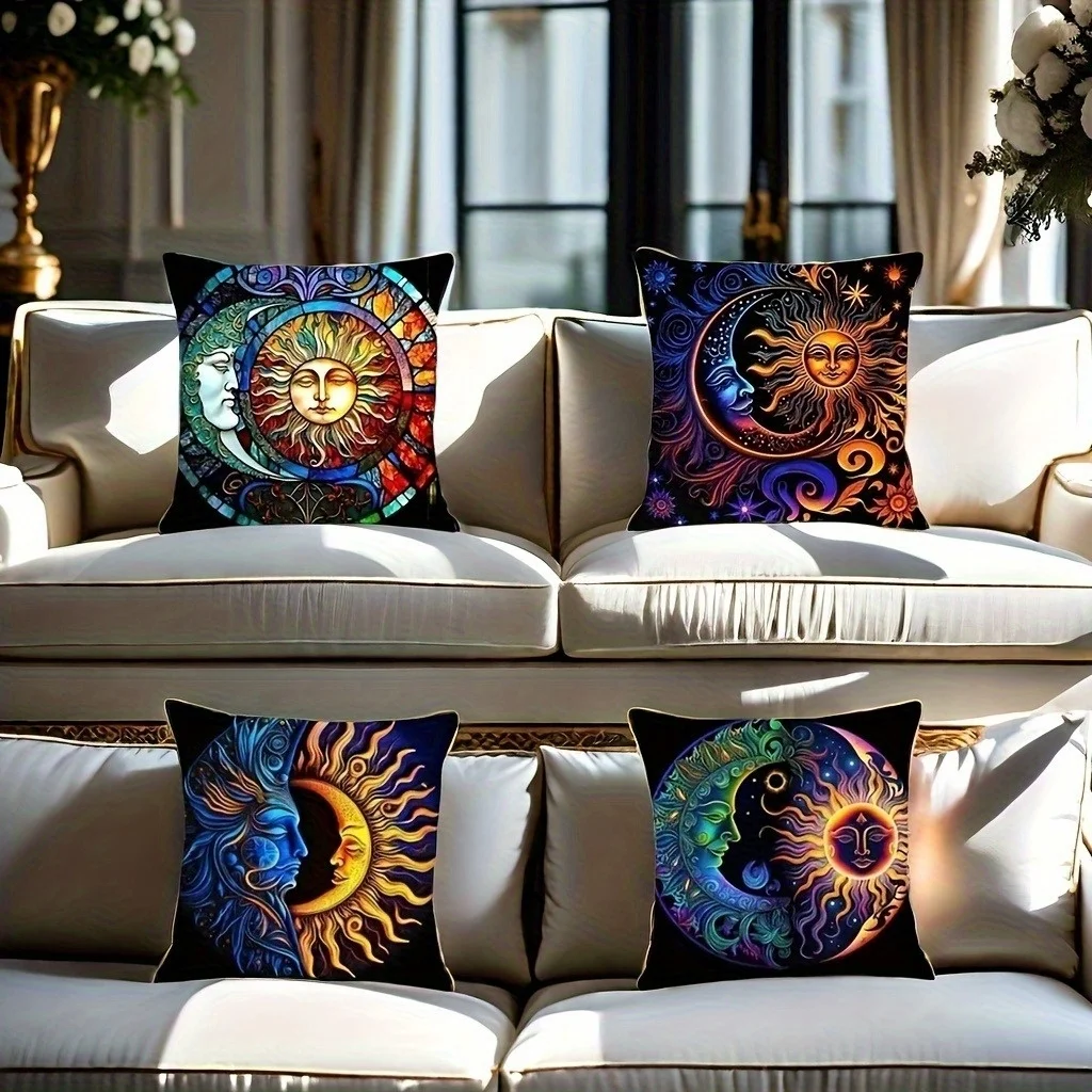 4PCS Zodiac Astrology Throw Pillow Covers Celestial Boho Moon Sun Cosmic Witchy Tapestry Couch Cushion Set Decoration
