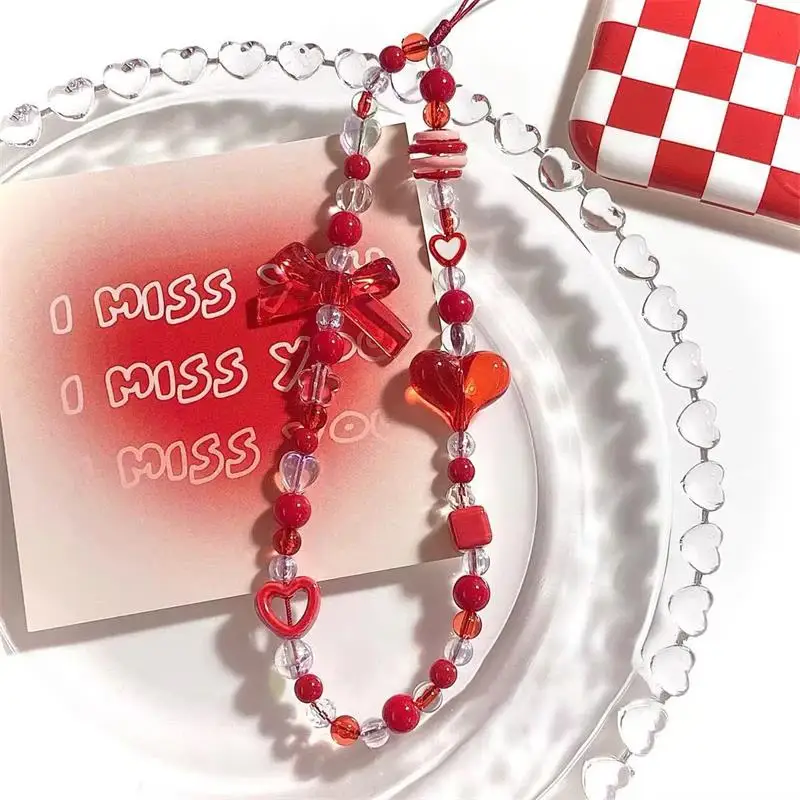 Fashion Red Bow Heart Phone Chain Trendy Pendant For iPhone Samsung Universal Accessories Lanyard Hanging Rope For Girl Pendant