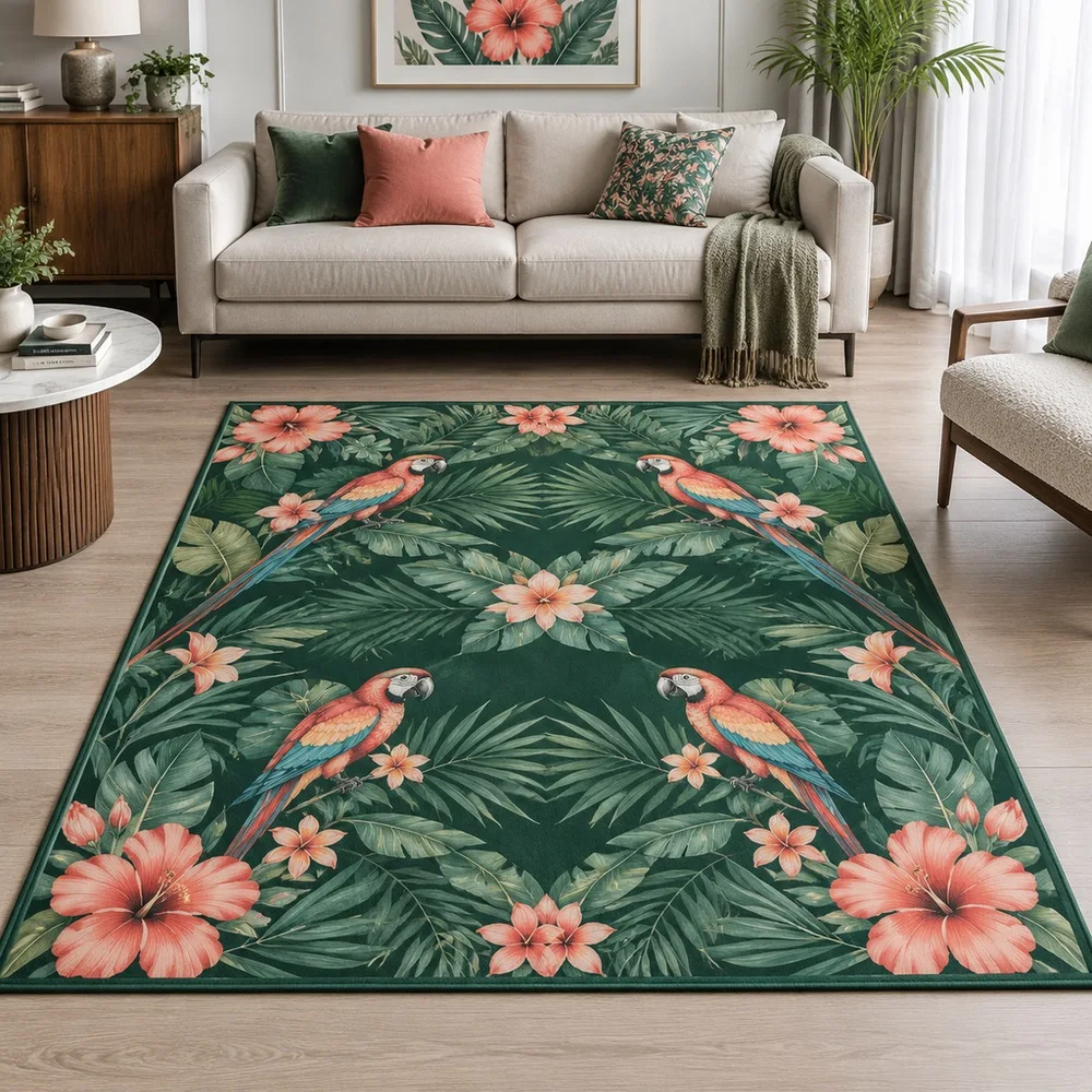 VIKAMA Floor Mat Pine Needle Green Tropical Floral Parrot Modern Stain Resistant Sunroom Reading Nook Walk In Closet Home Decor