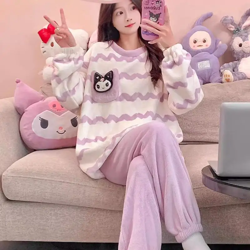 Hot Sanrio Girl Flannel Round Neck Winter Thickening Leisure Time Pajama Set Kawaii Kuromi Comic Keep Warm Leisure Wear New Kit