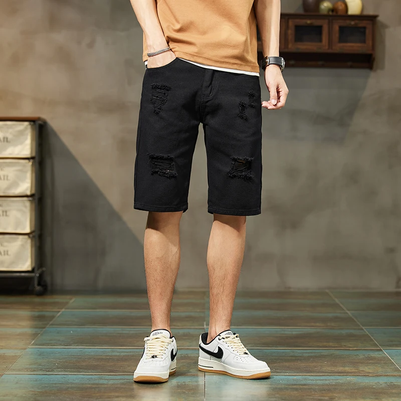 New Summer White Black Men Ripped Hole Denim Shorts Slim Casual Knee Length Short Straight Hole Jeans Shorts Bermuda for Men