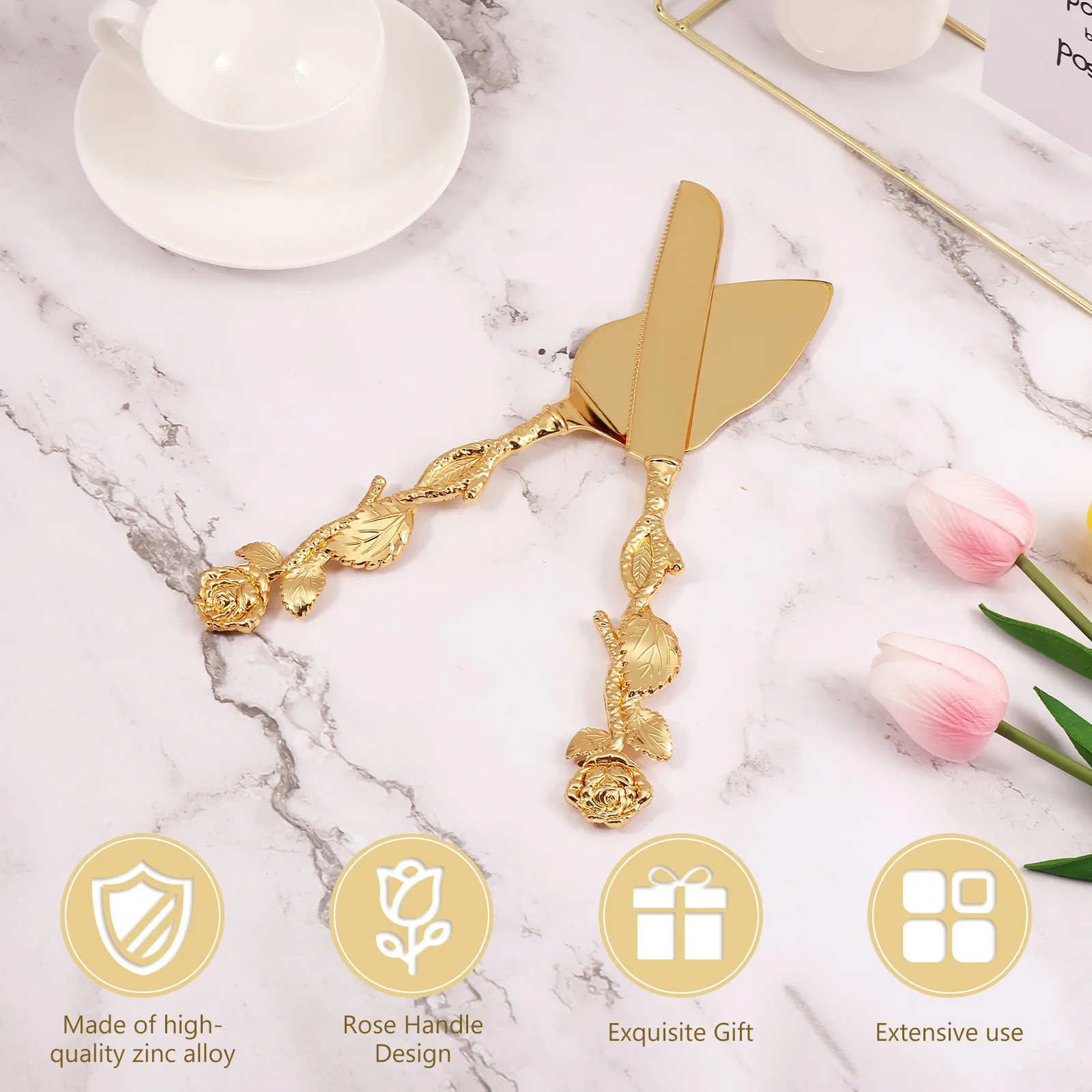 2Pcs Cake Knife Shovel Set Golden Vintage Zinc Cutlery Set Wedding Gift Cake Cutting Tools Wedding Birthday Party Supplies