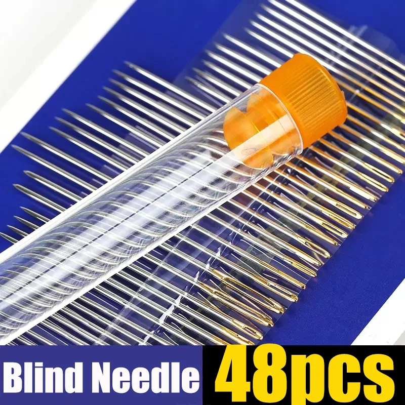 48pcs Blind Needle Elderly Needle-side Hole Self-Threading Sewing Needles Stainless Steel Quick Automatic Threading Needle Pins