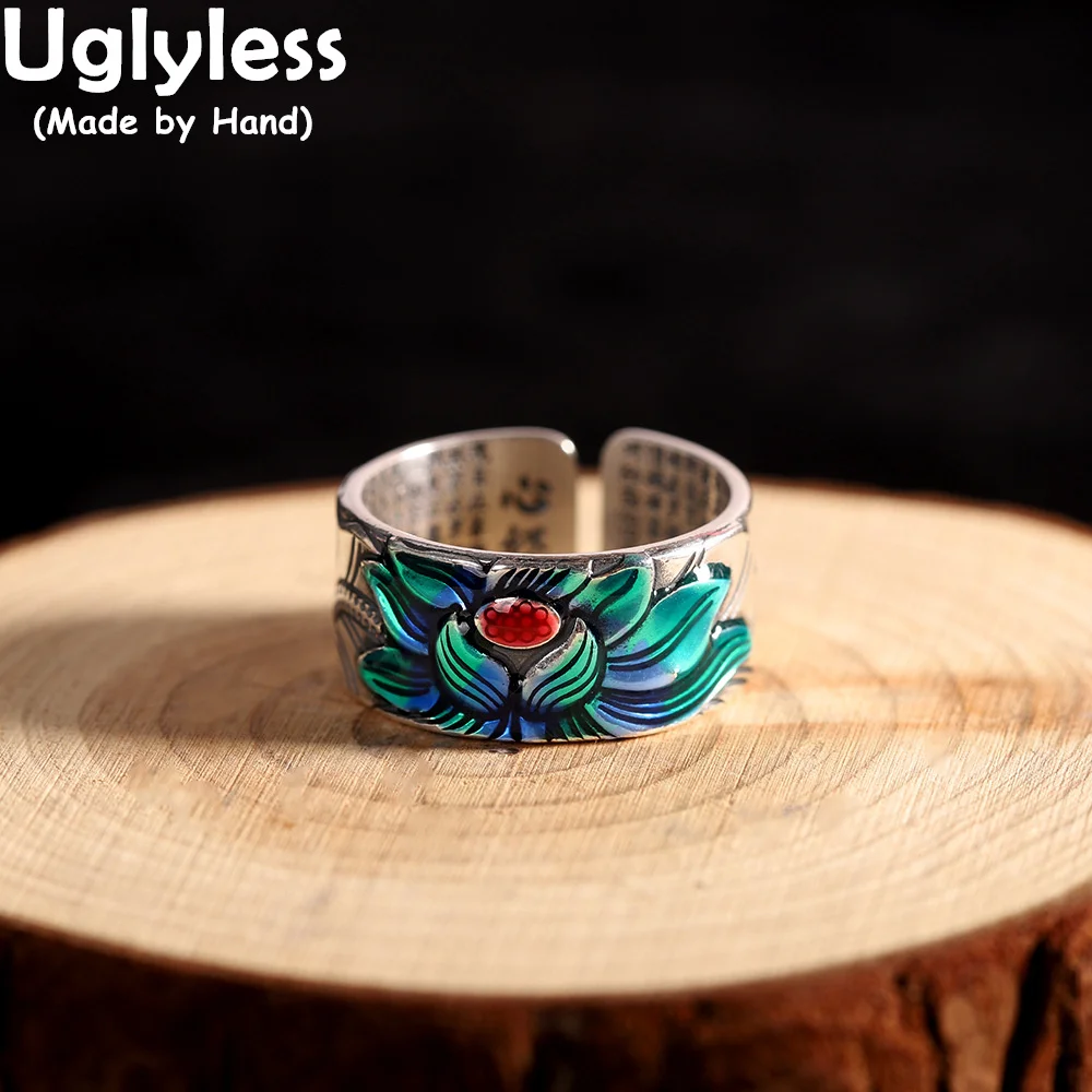 Uglyless HOT SALE Embossed Lotus Rings for Women 100% Real 999 Pure Silver Heart Sutra Buddhism Ring 10MM Wide Religious Jewelry