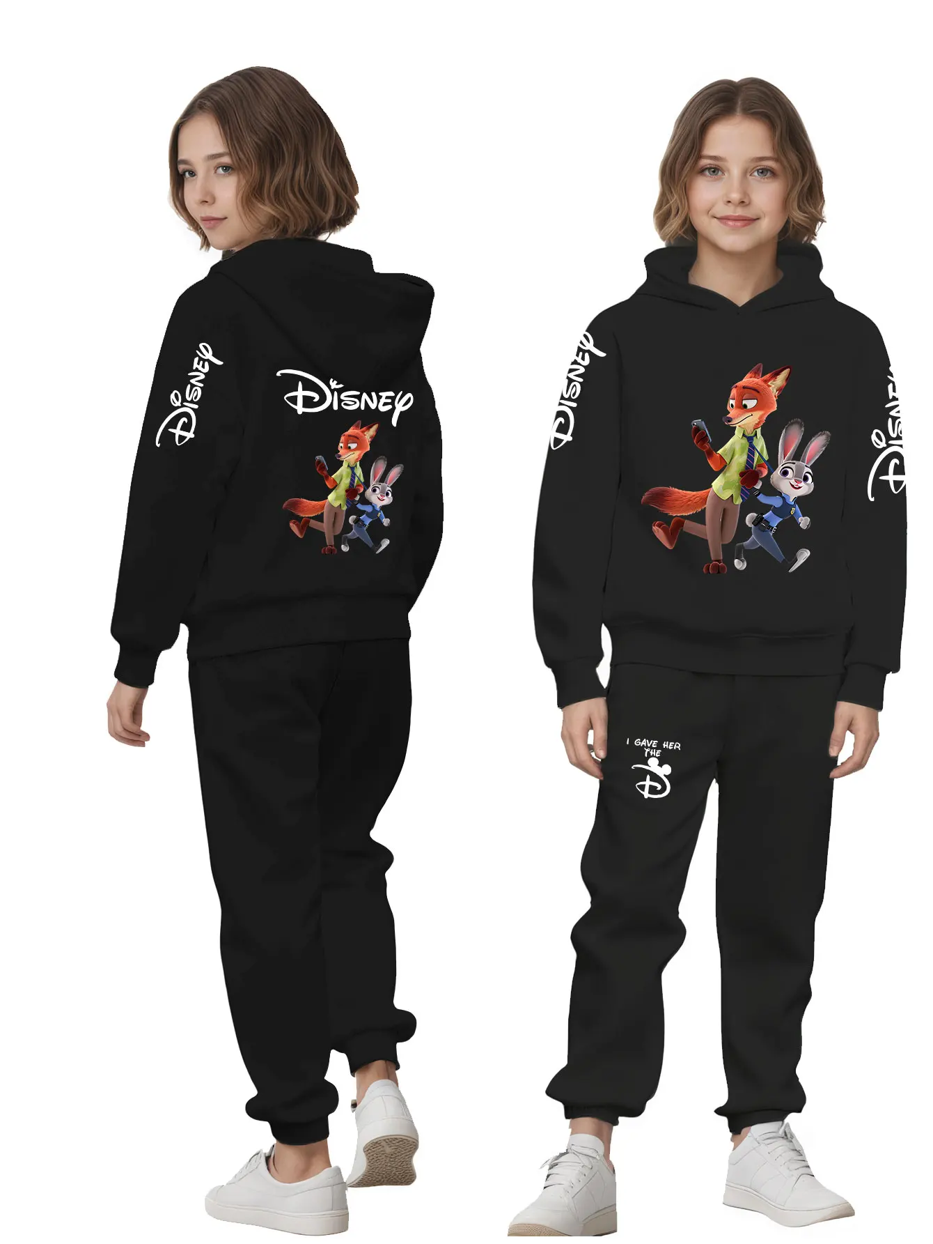 Dwuczęściowy zestaw: bluza z kapturem i spodnie dresowe z nadrukiem z kreskówki Disney Zootopia, jesienne, codzienne, urocze, luźne dla chłopców i dziewcząt.