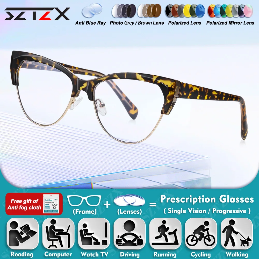 

SZTZX Casual Versatile Cat Eye Myopia Reading Optical Glasses Eyebrow Frame Blue Light Blocking Progressive Prescription Eyeware