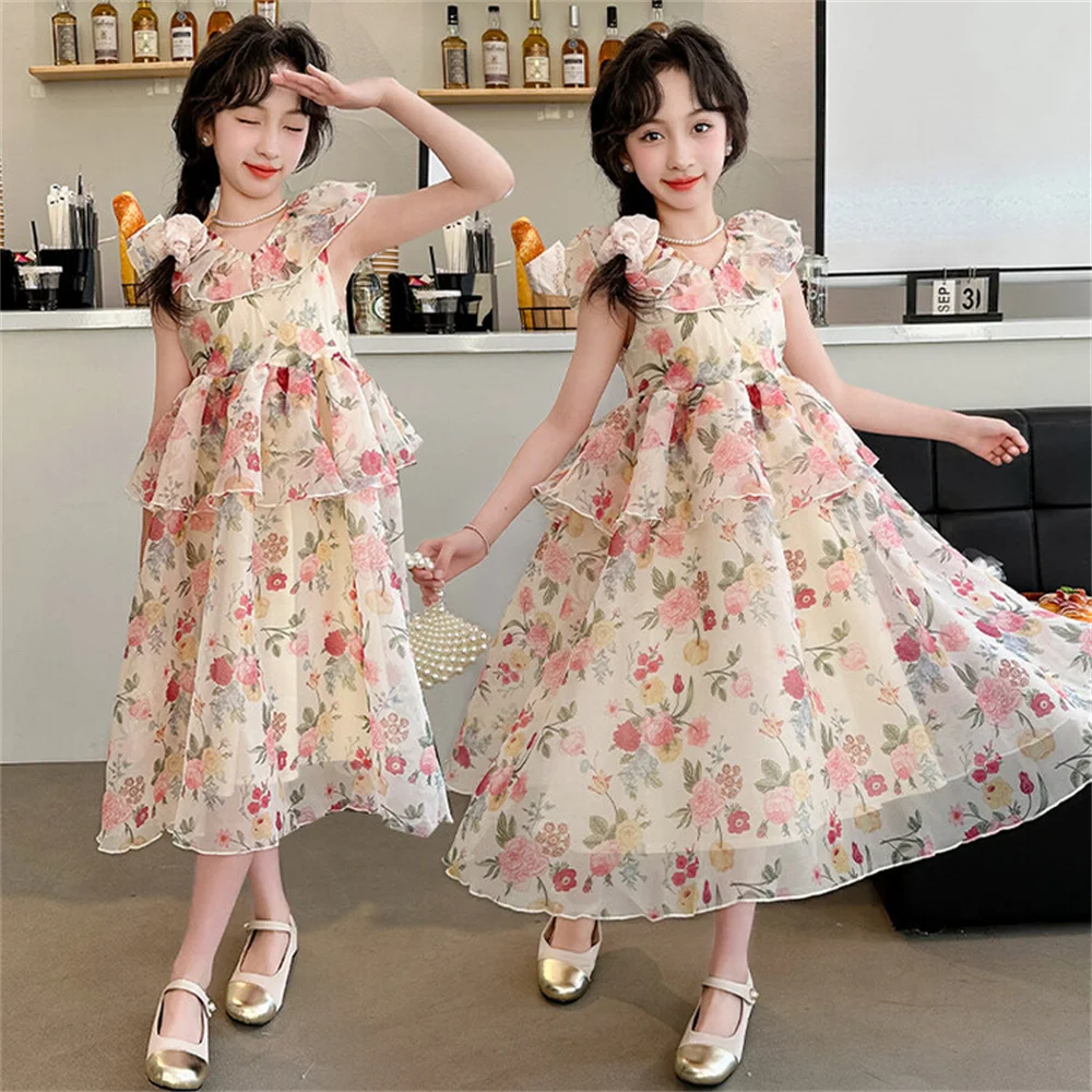 

Fashionable and Sweet Summer Girl's Dress Floral Dress Girl's Mesh Skirt Children's Dress