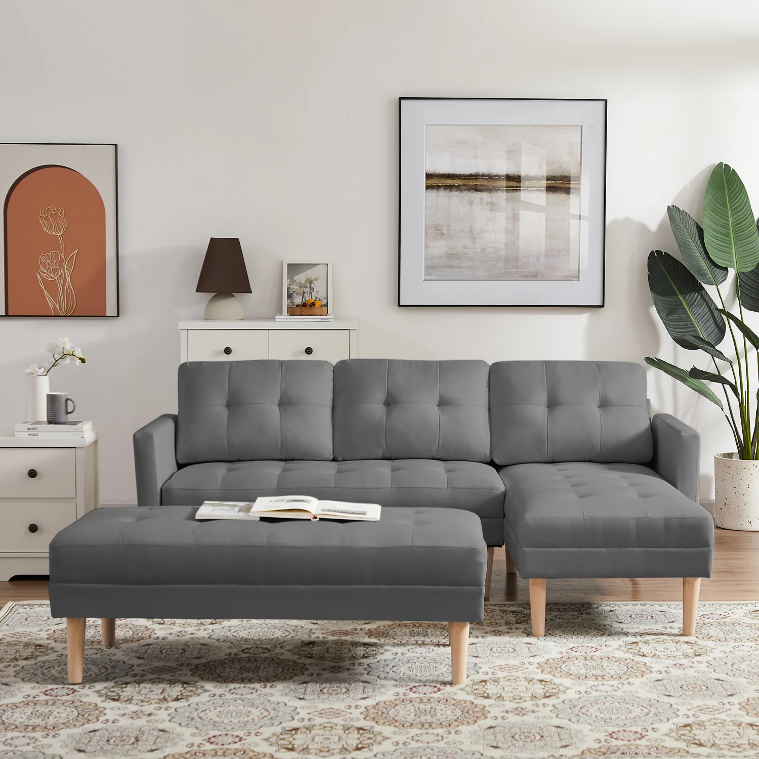 

GREY Fabric Right Facing Sectional Sofa Bed , L-shape Sofa Chaise Lounge with Ottoman Bench