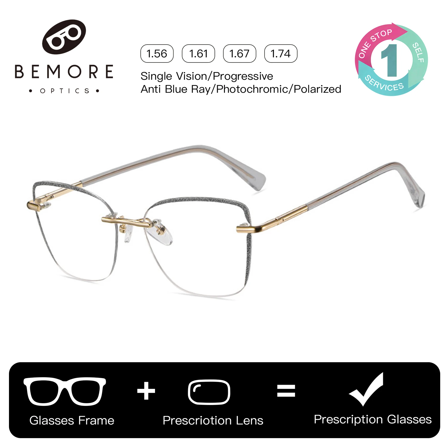 

BEMORE Woman Square Rimless Ultralight Metal Progressive Multifocal Glasses Anti-Blue Ray Photochromic Prescription Eyewear