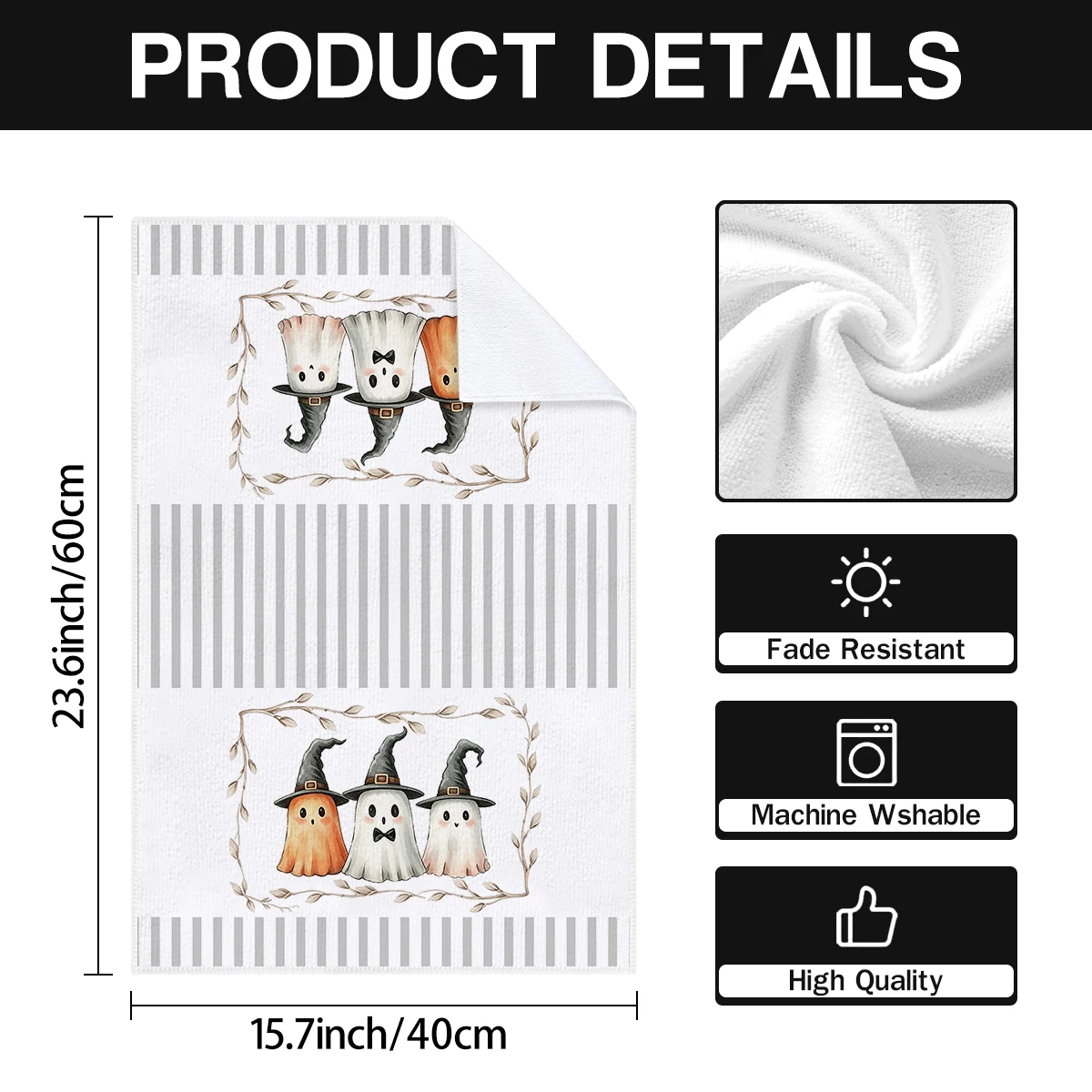 2pcs Halloween Grey Striped Pumpkin and Ghost Pattern Towel Set, 15.7x23.6-inch Multi functional Kitchen Towels