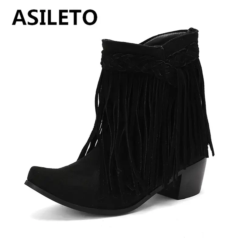 ASILETO Flock Suede Women Ankle Boots Fringe Square Toe Block Heels 5cm Slip On Large Size 44 45 46 Leisure Vintage Daily Bota