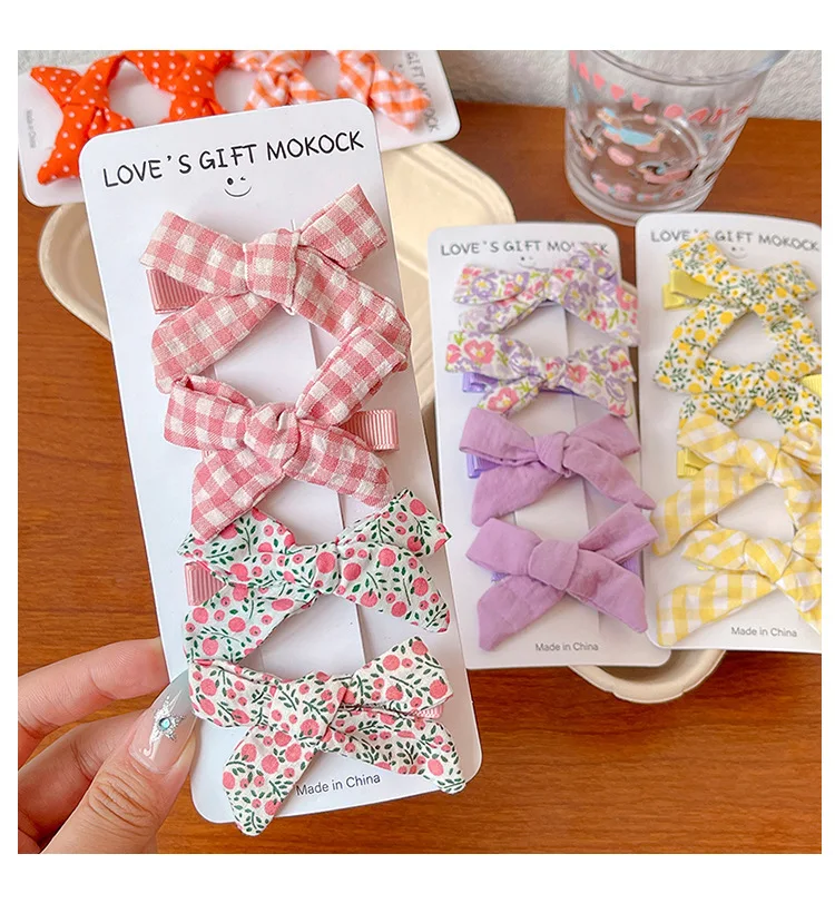 2026 4PCS/Set Kids Hair Clips Gingham Floral Bow Hair Barrettes No Hurt Hair Non Slip Soft Fabric Toddler Girls Accessories Gift