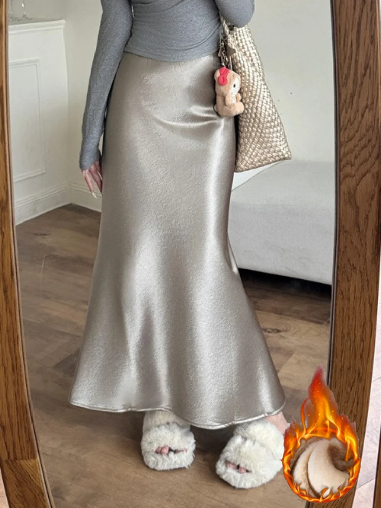 

Элегантная драпированная облегающая юбка на осень-зиму, атласная юбка-русалка с высокой талией, женская утолщенная элегантная длинная юбка на флисовой подкладке